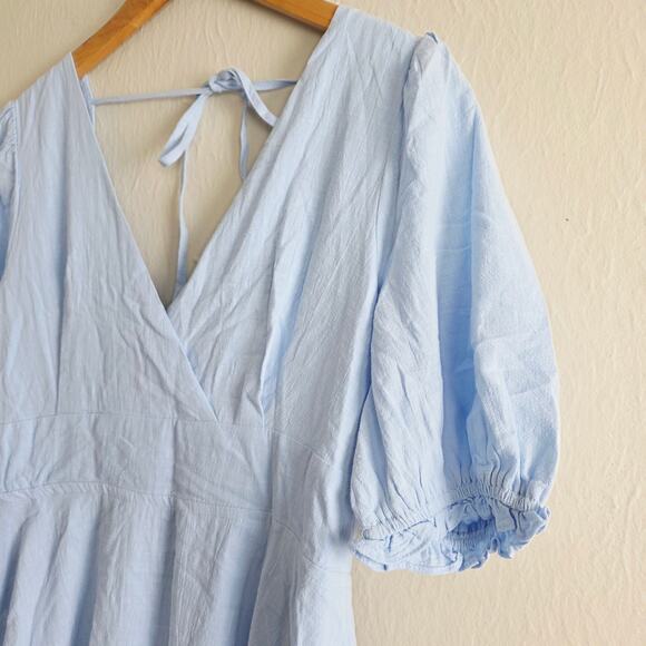 Lulus Dreaming of Paris Blue Puff Sleeve Mini Dress - Cotton Skater Pockets L - Picture 7 of 13